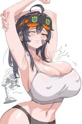 1other absurdres ahoge armpits arms_up bandaid bandaid_on_face black_hair black_panties blush breasts cleavage closed_mouth cowboy_shot crop_top female furrowed_brow grace_howard hair_between_eyes highres huge_breasts long_hair looking_at_viewer navel one_eye_closed orange_hair panties sidelocks simple_background sleep_mask sleeveless solo_focus sweat thighs underwear white_background zenless_zone_zero