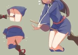 10s absurdres akko_kagari ass blush boots broom broom_riding brown_hair collared_shirt cropped_legs dress female flying_sweatdrops from_below head_out_of_frame highres hood hood_down kagari_atsuko kion-kun legs_together little_witch_academia long_hair multiple_views open_mouth panties pink_panties sash shirt short_dress thighs underwear upskirt wide_sleeves