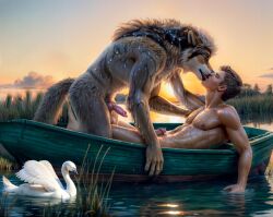 ai_generated anthro boat gay human human_on_anthro male_only sunset wolf