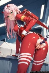 ai_generated anal_beads anal_beads_in_ass ariavisions black_anal_beads darling_in_the_franxx green_eyes horns pink_hair pussy_juice_drip red_eyeshadow torn_clothes wet_pussy zero_two_(darling_in_the_franxx)