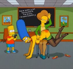 20th_century_fox 20th_century_studios ai_generated angry_face bart_simpson breasts bryan3 crying domination edna_krabappel femdom lezdom marge_simpson nipples panties_down pantyhose_down partially_clothed punishment spank_marks spanking stockings tears the_simpsons voyeur yuri