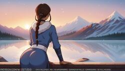 1girls ai_generated ass avatar_legends avatar_the_last_airbender braid braided_ponytail breasts brown_hair choker clothing female from_behind fur_trim high_resolution katara lake long_hair mountain mountainous_horizon outdoors pants ponytail single_braid sky snow solo sunset text tied_hair tree water_tribe wodstudio