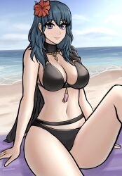 alternate_costume bikini black_bikini black_swimsuit blue_eyes breasts byleth_(female)_(summer)_(fire_emblem) byleth_(fire_emblem) byleth_(fire_emblem)_(female) embiebun female female_only fire_emblem fire_emblem:_three_houses fire_emblem_heroes nintendo official_alternate_costume solo swimsuit teal_hair