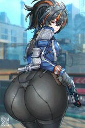 ass ass_focus black_hair black_pants blue_jacket cowboy_shot fat_ass fat_butt female from_behind gun hair_between_eyes holding holding_gun holding_weapon huge_ass huge_butt jacket long_hair looking_at_viewer looking_back metal_hairband muhammaddeny multicolored_hair orange_eyes orange_hair outdoors pants police police_uniform ponytail sidelocks solo standing streaked_hair two-tone_hair uniform weapon zenless_zone_zero zhu_yuan