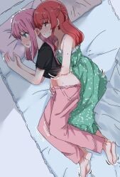 2girls bed blue_eyes blush bocchi_the_rock! breast_grab cuddling cute female female_only fingering fingering_partner fingering_pussy gotou_hitori groping groping_breasts human kita_ikuyo pink_hair red_hair shy sleepover translation_request yuri