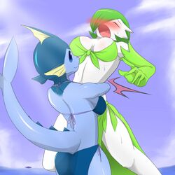 2girls anthro artist_request bear_hug bearhug bikini blush catfight cling clothes crush duo female female_only gardevoir humanoid multiple_girls nintendo pain pokemon pokemon_(species) pokemorph screaming squeezing sweat swimsuit torture tsubasa1110 vaporeon wrestling yuri