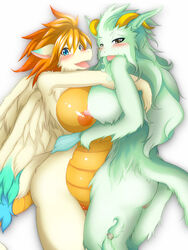 2girls anthro areola big_breasts blonde_hair blue_eyes blush breasts brown_eyes dragon erect_nipples female flammie furred_dragon furry green_hair hair horn hugging legend_of_mana looking_at_viewer nipples open_mouth orange_hair plain_background pussy secret_of_mana standing tail tongue vadise vagina video_games white_background wings yus-ts