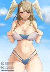 1girls angel_wings big_breasts bikini bikini_top_lift blue_eyes breast_tattoo breasts brown_hair busty chest_tattoo child_bearing_hips cleavage clothes_lift eunie_(xenoblade) female female_only grin highres large_breasts legs lifted_by_self looking_at_viewer naughty_face navel short_hair smile solo sweat tattoo teasing thick_thighs thighs voluptuous wide_hips wings xenoblade_(series) xenoblade_chronicles_3