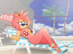 1girls amy_rose anthro anthro_only bikini dialogue drink female furry furry_only no_humans sandals sega sonic_(series) sunglasses tagme zunidont