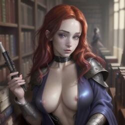 ai_generated book bookshelf breasts_out fantasy female female_focus female_only freckles freckles_on_face ginny_weasley harry_potter looking_at_viewer mage magic magic_user medium_breasts nipples red_hair solo solo_female spellbook studying wizard