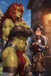 1boy 1futa abs ahoge ai_generated armor ass bagharen biceps big_ass big_butt black_hair blue_eyes blush bulge crop_top dungeons_and_dragons flaccid_penis flustered futanari gauntlets green_skin human human_male larger_futanari leather_clothing light-skinned_male light_skin loincloth long_hair male muscular muscular_futanari oc orc orc_futanari original original_character penis_outline pointy_ears red_hair rhe'lla_(bagharen) scars shiny_skin short_hair short_hair_male shy size_difference smaller_male thick_thighs thighhighs yellow_eyes