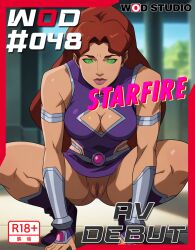 ai-created ai_generated boots breasts brown_hair cleavage cleavage_cutout clothing clothing_cutout colored_sclera dc_comics female female_only footwear green_eyes green_sclera high_resolution justice_league_vs_teen_titans koriand&#039;r large_breasts long_hair looking_at_viewer miniskirt no_panties nopan pussy red_hair solo spread_legs squatting starfire starfire_(dcamu) tamaranean teen_titans text thighs upskirt vagina wodstudio