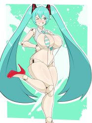 big_breasts blush blush breasts_bigger_than_head dumbp13 female female_only hatsune_miku heels huge_breasts looking_away one-piece_swimsuit robot robot_girl robot_humanoid shiny shiny_skin skimpy skimpy_bikini smile smiling solo solo_female tie vocaloid wink winking