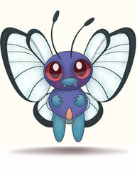 2010 antennae blush butterfree erection fangs feral flying front_view looking_at_viewer male male_only nintendo nude open_eyes penis pokemon purple_skin red_eyes solo testicles tricksta video_games white_background wings