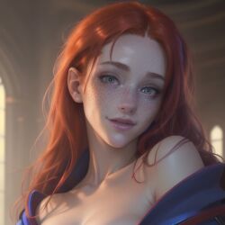 ai_generated book bookshelf breasts_out fantasy female female_focus female_only freckles freckles_on_face ginny_weasley harry_potter looking_at_viewer mage magic magic_user medium_breasts nipples red_hair sfw solo solo_female spellbook studying wand wizard