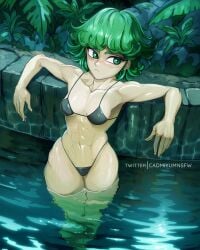 1girls abs alternate_version_available bikini bikini_bottom bikini_top black_bikini blush bottomwear breasts cadmiyum cleavage female female_only green_eyes green_hair hair hips hot_spring muscular muscular_female one-punch_man short_hair small_breasts solo solo_female swimwear tatsumaki thighs topwear water wide_hips