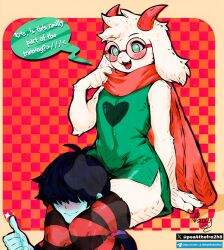 ambiguous_gender anthro blush claws deltarune dress english_text fangs femboy fluffy_hair furry furry_with_non-furry goat green_eyes heart kris_(deltarune) looking_down male/male open_mouth ralsei scarf short_hair sitting smile squatting steam stockings thigh_grab thorns thumbs_up tongue