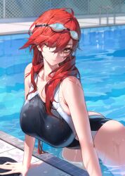 large_ass large_breasts long_hair maenoo one_piece_swimsuit red_hair squinting swimming_pool swimsuit water wet yellow_eyes