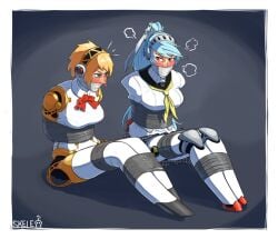 2d aigis_(persona) android atlus blonde_female blonde_hair blue_eyes blue_hair blush bondage breasts female female_only humanoid labrys persona persona_3 red_eyes robot robot_girl robot_humanoid skelebomb submissive submissive_female thighs tied_up