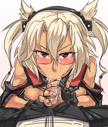 1girls :>= black_gloves blonde_hair blush dark-skinned_female dark_skin fellatio female fingerless_gloves glasses gloves headgear kantai_collection long_hair looking_at_viewer male_pov mimuni362 musashi_(kantai_collection) oral personification pov red_eyes saliva sweat tied_hair twintails two-handed_handjob