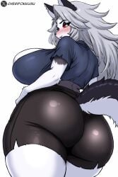 1girls 2024 absurd_res anthro ass big_breasts big_butt blush bodily_fluids bottomwear breasts bubble_butt canid canid_demon canine cherifokkusu clothing collar curvy_figure demon digital_media_(artwork) fat_ass female female_only fur glistening glistening_bottomwear glistening_clothing glistening_shorts grey_hair hair hellhound helluva_boss huge_breasts huge_butt looking_at_viewer looking_back looking_back_at_viewer loona_(helluva_boss) mammal open_mouth rear_view red_sclera shirt shorts simple_background smiling smiling_at_viewer solo spandex spandex_shorts sweat sweaty_butt t-shirt tail thick_thighs tight_bottomwear tight_clothing tight_shorts topwear torn_clothing voluptuous white_body white_fur wide_hips