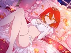 ass_visible_through_thighs bare_belly bare_legs bare_thighs barefoot bed bed_sheet belly_button big_breasts blush body_blush bra breasts bride choker cleavage closed_mouth detached_sleeves feet_out_of_frame flower kureha_(senran_kagura) lace-trimmed_sleeves lingerie lying marvelous official_art orange_eyes panties petals red_hair senran_kagura senran_kagura_new_link shiny_skin short_hair smile thick_thighs thigh_strap tiara underwear wedding_lingerie white_bra white_panties yaegashi_nan