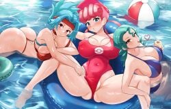 3girls :o aqua_hair artist_name ass barefoot beach_ball big_breasts bikini blue_eyes blush breasts brown_eyes cleavage covered_navel creatures_(company) crotch drinking drinking_straw emixxcerberus feet female female_only game_freak green_hair hi_res human innertube long_hair looking_at_viewer medium_hair multiple_girls nintendo nipple_bulge nurse_joy officer_jenny_(pokemon) one-piece_swimsuit open_mouth paid_reward_available pink_eyes pink_hair pokemon pokemon_(anime) pokemon_ranger pool smile solana_(pokemon) spread_legs swimsuit teasing water