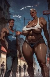 african african_female ai_generated amandovakin belly big_breasts bragging busty couple curvy dark-skinned_male dark_skin earrings gilf hoop_earrings huge_breasts larger_female male massive_breasts milf older_female prostitute prostitution short_hair street sweat thick top_heavy