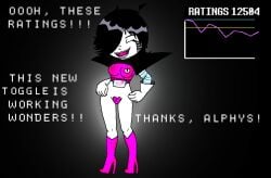 1boy 2d 2d_(artwork) black_hair breasts breasts breasts chibi cute flamboyant hair_covering_eye hair_covering_one_eye heels latex_boots mettaton mettaton_ex pink pink_heels pink_tongue robot robot_humanoid shiny shiny_metal solo undertale