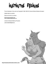 anthro anthrofied batman:_the_animated_series batman_(series) blonde_hair blush bound breasts catwoman_(dcau) closed_eyes comic dc dc_comics dcau english_text feline female hair hug licking locofuria male mammal monochrome nude orange_hair pia-sama plain_background pussy selina_kyle spanish_text text tongue tygrus_(character) werecat werecat_selina white_background