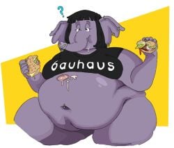 alternative_fashion anthro band_shirt bangs bauhaus belly big_belly big_breasts black_hair bottomless breasts burger clothed clothing ear_piercing ear_ring elephant elephantid elise_(glubbub) facial_piercing female food food_on_belly glubbub goth hair hi_res mammal navel navel_piercing navel_ring nose_piercing nose_ring obese obese_female overweight overweight_female piercing proboscidean question_mark ring_piercing solo