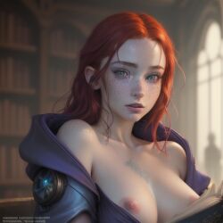 ai_generated book bookshelf breasts_out fantasy female female_focus female_only freckles freckles_on_face ginny_weasley harry_potter looking_at_viewer mage magic magic_user medium_breasts nipples red_hair solo solo_female spellbook studying wand wizard