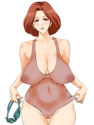 blush breasts brown_eyes brown_hair cameltoe curvy earrings fat_mons goggles inverted_nipples jewelry large_breasts looking_at_viewer milf muramuracity_monmontown navel nipples one-piece_swimsuit original pussy sagging_breasts see-through shaved_pussy sheer short_hair simple_background small_image swimsuit thick_thighs uncensored wide_hips