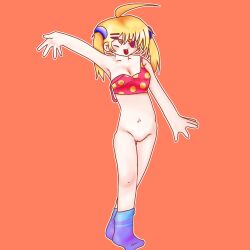 1female bra female_only no_pubic_hair open_mouth red_eyes smiling waving waving_at_viewer yaoiboy6685 yellow_hair