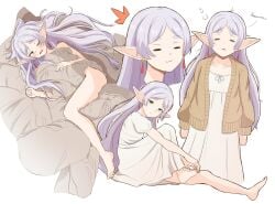 1girls bare_hips bare_legs bare_shoulders bed blanket blun_z clothed elf elf_ears elf_female elf_girl female frieren hips implied_nudity in_bed long_hair nude_underneath sleepy solo sousou_no_frieren tired twintails under_covers