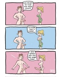 artbymatches big_penis blonde_hair buff_male dialogue dress erection futa_is_bigger futanari hyper_balls hyper_genitalia hyper_penis lowres male penis_comparison penis_size_difference slim_waist smaller_futanari stripping