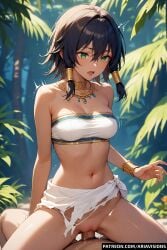 ai_generated ariavisions black_hair cowgirl_position danmachi green_eyes hair_tubes riding_penis sidelocks sweating tiona_hiryute