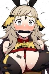 ai_generated barcode barcode_tattoo bit_gag blonde_hair blush blushing bondage bound breast_grab breast_squeeze collar fire_emblem fire_emblem_fates gag gagged grabbing grabbing_from_behind gray_eyes novelai ophelia_(fire_emblem) price_tag red_rope tag tiques wide_eyed