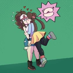 2girls arms_around_torso big_butt big_lips blue_eyes boots brown_hair cap game_freak girl_on_girl green_background hat heart hearts hilda_(pokemon) kissing leg_lift lips medium_breasts mouth_to_mouth nintendo pig_tails pokemon pokemon_bw pokemon_bw2 red_heart ripped_pants rosa_(pokemon) shippart skirt yellow_skirt yuri