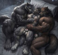 ai_assisted ai_generated bara cuddling males_only muscles satyrman sheath sheathed_penis threesome werecanid werecanine werewolf