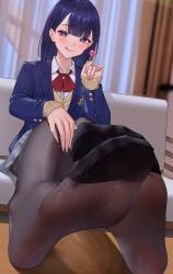 1girls 2d blue_eyes blue_hair blue_jacket blush clothed eyebrows_visible_through_hair feet female female_only foot_fetish foot_focus jacket long_hair looking_at_viewer mole mole_under_eye nail_polish popsicle qizhu school_uniform shirt sitting skirt soles soles_of_feet_in_stockings solo tights tongue tongue_out uniform