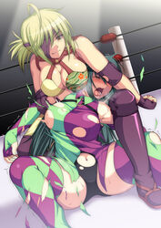 2girls blonde_hair blush breasts breath catfight cleavage closed_eyes clothing eye_patch green_hair himuro_shizuku holding kupala large_breasts leotard multiple_girls musumi_hazuki open_mouth ponytail restrained short_hair smile stockings submission thighhighs tied_hair torn_clothes trembling wrestle_angels wrestling wrestling_ring wrestlingryona