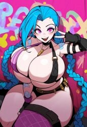 ai_generated bandolier big_breasts bikini_top blue_hair blush booty_shorts breasts cleavage curvy eyelashes graffiti huge_breasts jinx_(league_of_legends) large_breasts league_of_legends nai_diffusion peace_sign pink_eyes riot_games short_shorts smile stable_diffusion thick_thighs thighs twin_braids voluptuous wide_hips