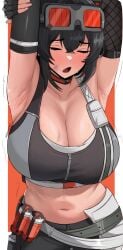 absurdres armpits arms_up belt black_hair black_pants breasts cleavage closed_eyes edmun6969 female goggles goggles_on_head grace_howard highres huge_breasts mole mole_on_armpit navel open_mouth pants simple_background solo sweat tank_top zenless_zone_zero