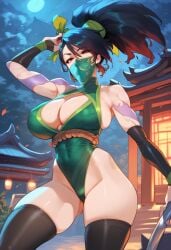 2d ai_generated akali big_breasts black_hair elbow_gloves green_leotard league_of_legends leotard mask mouth_mask night ponytail solo solo_female solo_focus tagme thighhighs