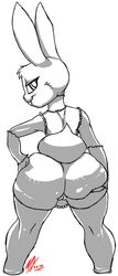 2014 anthro ass female huge_ass lagomorph looking_at_viewer looking_back mammal monkeyxflash monochrome pussy rabbit smile solo