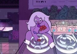 1girls 2024 accurate_art_style amethyst_(steven_universe) areolae big_breasts cartoon_network casual female gem_(species) humanoid nipples nude nude_female nude_filter public purple_body purple_skin screenshot self_upload steven_universe su_edits