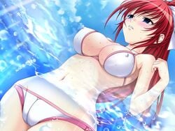 1girls bikini blue_eyes bow breasts close-up erect_nipples female inyouchuu inyouchuu_shoku large_breasts long_hair nipples ocean red_hair shiratori_mikoto solo sweat swimsuit water white_bikini