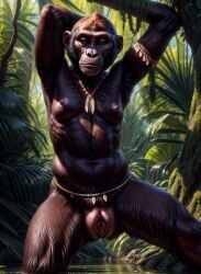 2024 ai_generated anthro ape belt bonobo breasts chimpanzee female furry genitals haplorhine hi_res jewelry jungle looking_at_viewer mammal marcus64 navel necklace nipples nude pink_nipples pink_pussy primate pussy solo standing tagme tribal tribal_jewelry tribal_necklace