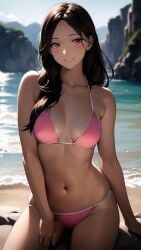 1girls ai_generated ai_mirror beach belly_button bikini blush brown_eyes brown_hair cliff long_hair looking_at_viewer pink_bikini rock sea seaside sitting sitting_on_rock small_breasts smile white_skin